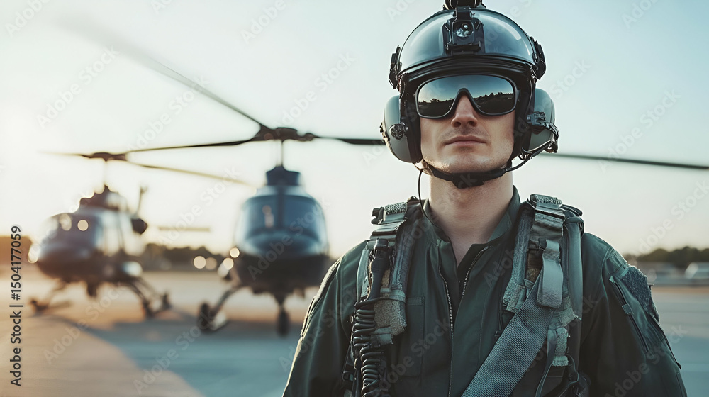 Portrait of a Male Pilot in Uniform Standing Before Helicopters at Sunset Portrait of a Male Pilot in Uniform Standing Before Helicopters at Sunset