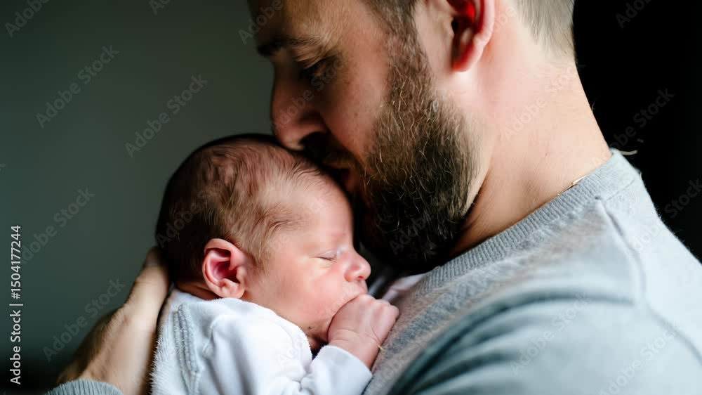 Tenderness scene of father embracing and kissing his newborn baby's forehead. Tenderness scene of father embracing and kissing his newborn baby's forehead.