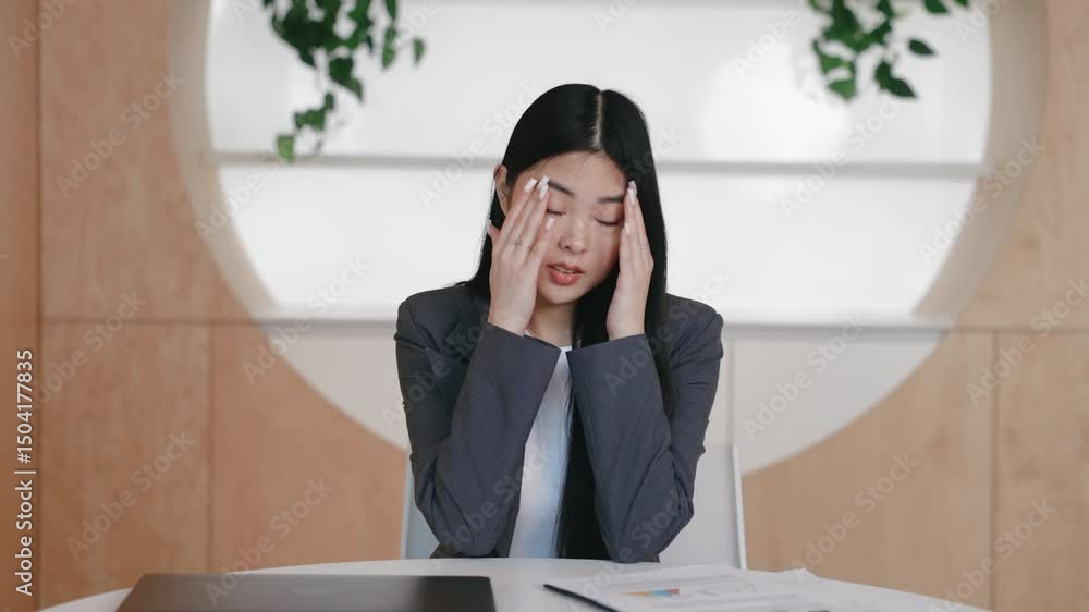 Frustrated Asian employee pressing temples with closed eyes while sitting at desk in modern workspace. Coping with stress or experiencing fatigue after intense work session. Throwing notepad on table. Frustrated Asian employee pressing temples with closed eyes while sitting at desk in modern workspace. Coping with stress or experiencing fatigue after intense work session. Throwing notepad on table.