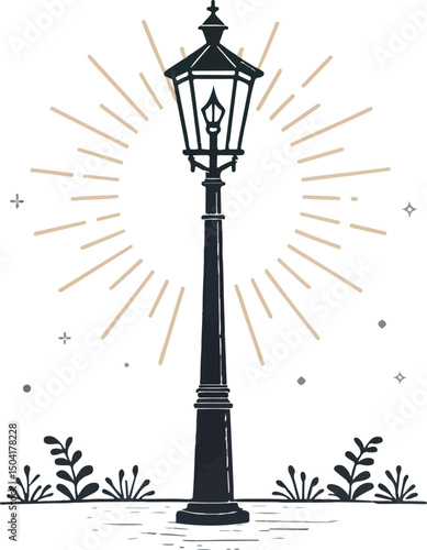 Vintage Street Lamp with Glowing Light and Plants - Fairytale Night Vector