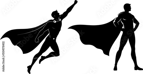 Superhero Silhouettes - Flying and Standing Power Poses Vector