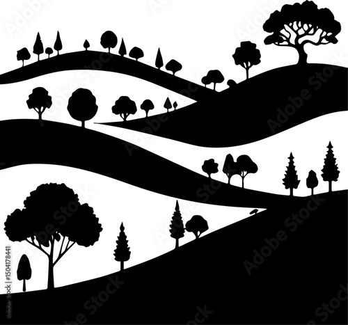 Rolling Hills and Trees Landscape Silhouette Vector