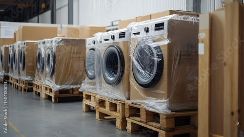 Rows of New Washing Machines on Pallets in Warehouse
