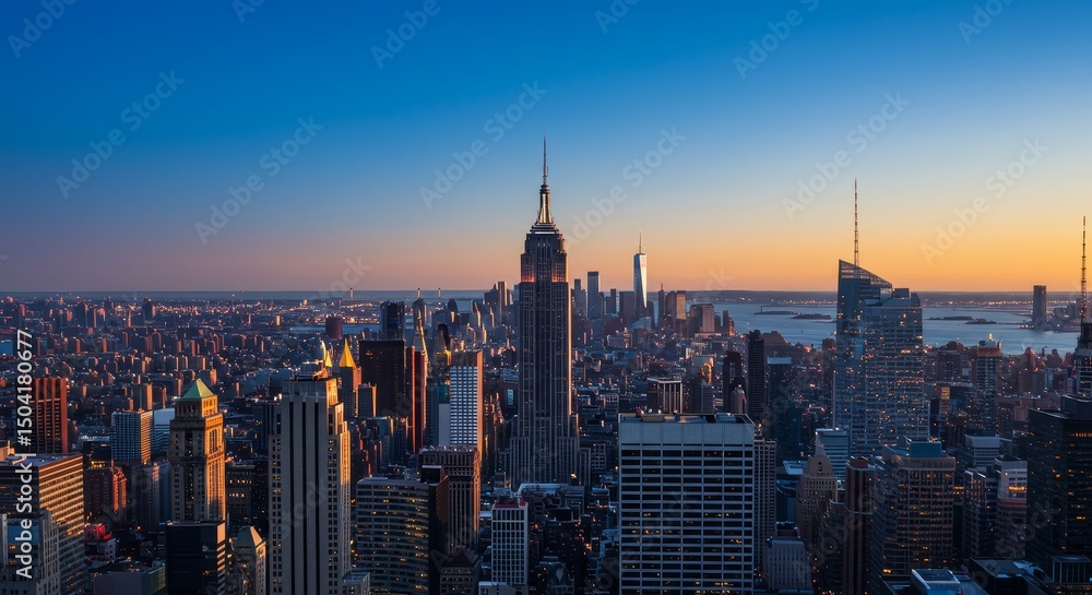 Naklejka premium New York City Skyline Dusk Panorama - Stunning panoramic view of the New York City skyline at dusk. Captures the city's energy, ambition, beauty