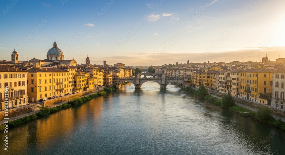 Fototapeta premium Ponte Pietra Riverfront at Sunrise - Stunning sunrise view over Ponte Pietra and the Adige River in Verona, Italy. Golden light illuminates historic buildings