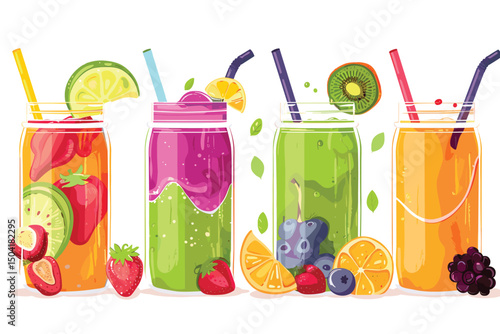 Set of various fruit and vegetable juices illustration isolated on white background.