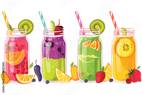 Set of various fruit and vegetable juices illustration isolated on white background.