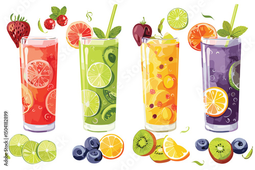 Set of various fruit and vegetable juices illustration isolated on white background.