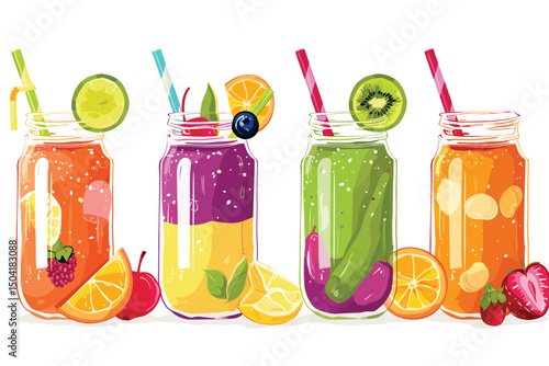 Set of various fruit and vegetable juices illustration isolated on white background.