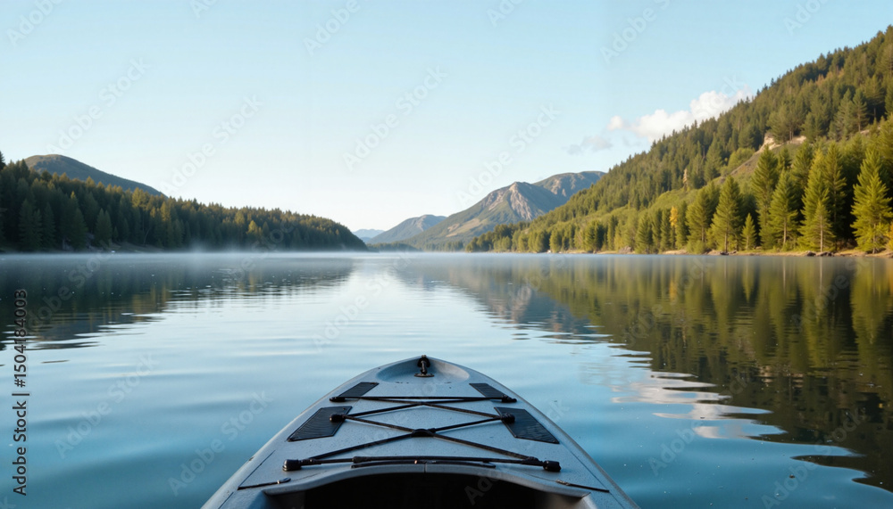 Obraz premium Scenic kayak view on calm lake surrounded by mountains and trees 
