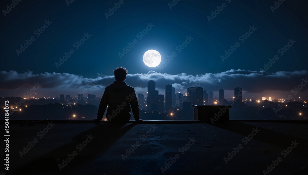 Fototapeta premium Man overlooking city skyline under full moon at night 