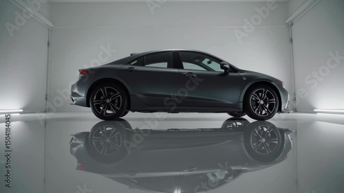 Sleek black sedan in minimalist studio with glossy reflective floor

