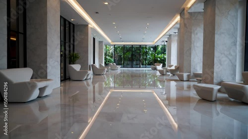 Luxurious hotel lobby with glossy marble floors and modern seating area

