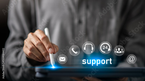 Schilderij op canvas concept of online support and customer service ,Hotline for contact and advice ,