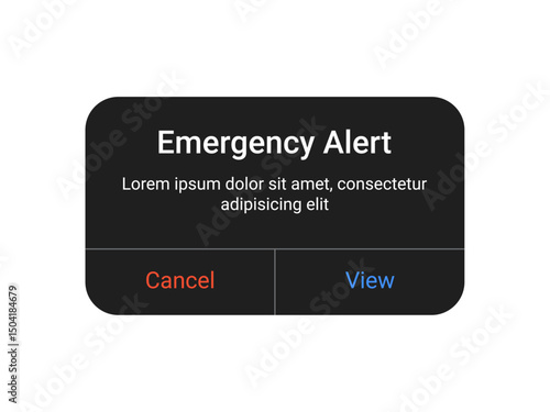 Dark emergency alert notification pop up UI design with cancel and view buttons on a transparent background for mobile app and web alert interface in a minimal modern style