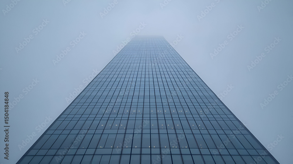 Tall Grey Skyscraper in Fog, Geometric Design, Minimalist City Architecture Tall Grey Skyscraper in Fog, Geometric Design, Minimalist City Architecture