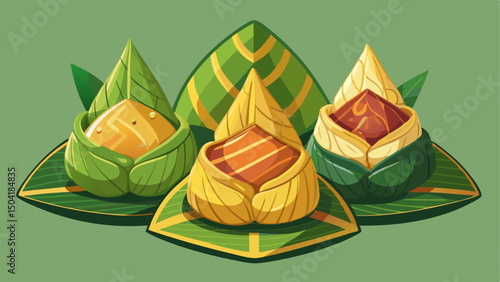 Three Kanom Kai desserts wrapped neatly in banana leaves rest on a soft green background. The triangular arrangement creates a visually appealing composition that celebrates Thai tradition with elegan