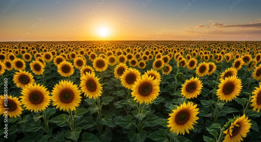 Obraz premium Sunlit Sunflower Field at Sunset - Expansive field of sunflowers bathed in the golden light of a setting sun. A breathtaking summer scene