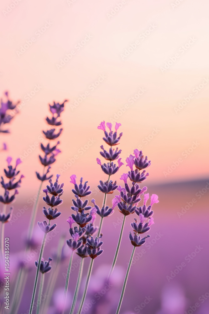 Obraz premium a peaceful sunset over a lavender field, A stunning close-up of lavender flowers against a soft gradient sky, capturing the beauty of nature at sunset.