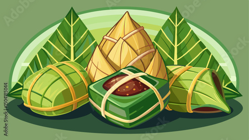 Three Kanom Kai desserts wrapped neatly in banana leaves rest on a soft green background. The triangular arrangement creates a visually appealing composition that celebrates Thai tradition with elegan