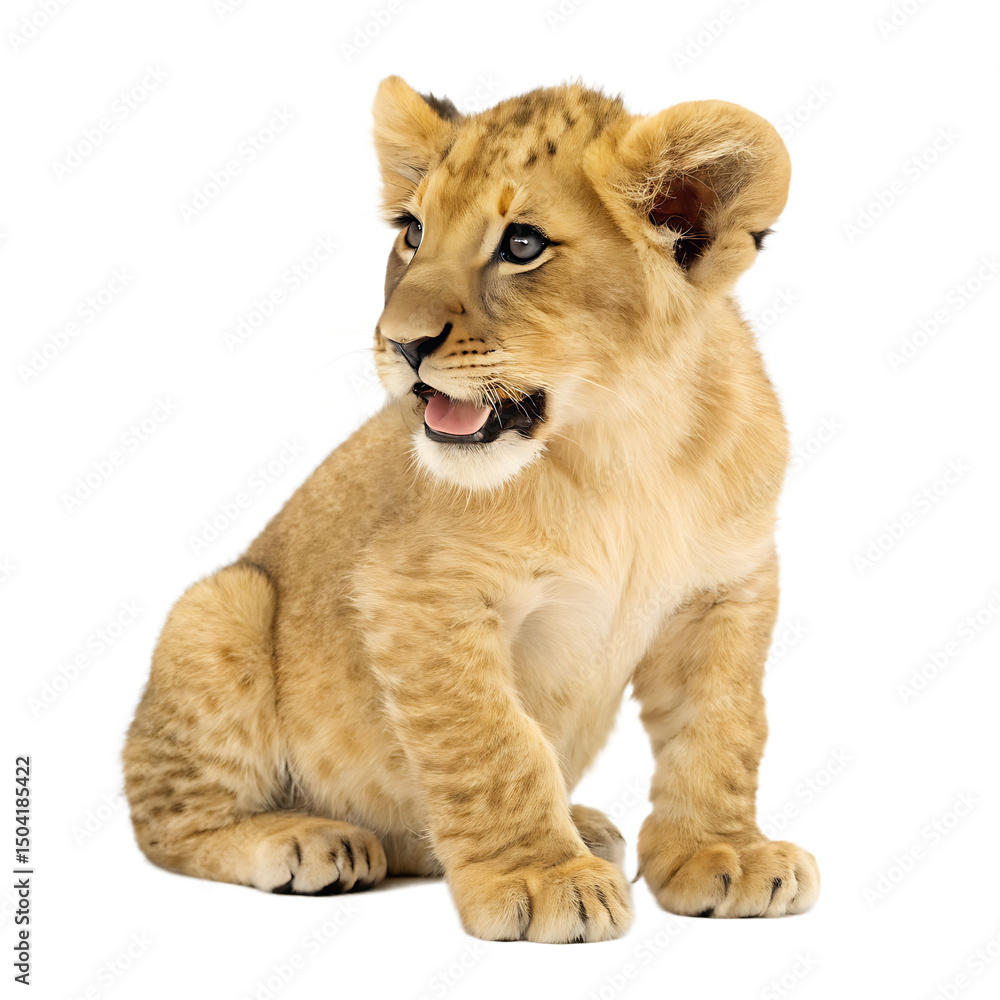 Obraz premium Adorable young lion cub sitting patiently now isolated on a transparent background