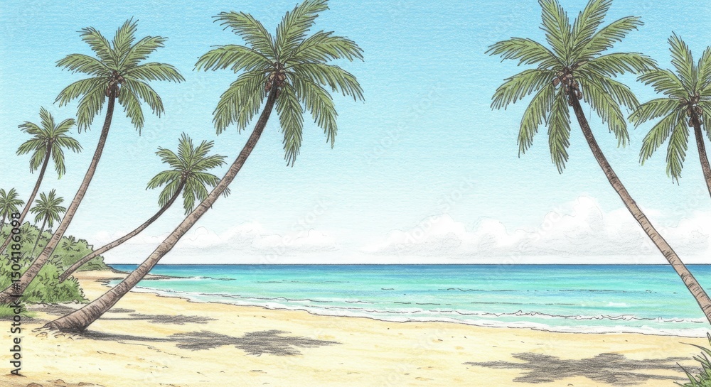 Tropical Beach Scene Palm Trees Ocean View - Serene tropical beach, palm trees swaying gently, turquoise ocean waves lapping the shore. Symbolises relaxation, paradise, escape, warmth, and tranquility Tropical Beach Scene Palm Trees Ocean View - Serene tropical beach, palm trees swaying gently, turquoise ocean waves lapping the shore. Symbolises relaxation, paradise, escape, warmth, and tranquility