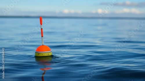 Close-up of orange and yellow fishing float bobbing on blue water under cloudy sky