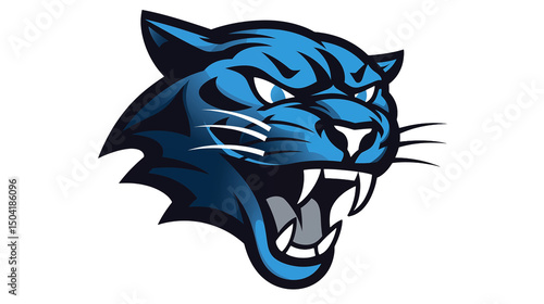 A digitally rendered blue panther head with white whiskers on a black background art isolated on transparent background
