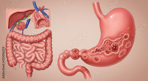 Ulcerative Colitis and Gastric Ulcers: A Medical Illustration - Medical illustration depicting ulcerative colitis and gastric ulcers, showcasing inflammation, lesions