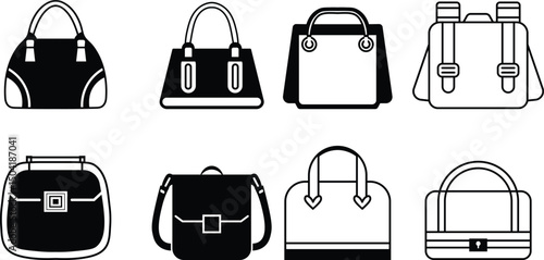 Black icons female bags. vector, Women Handbags silhouette vector set design