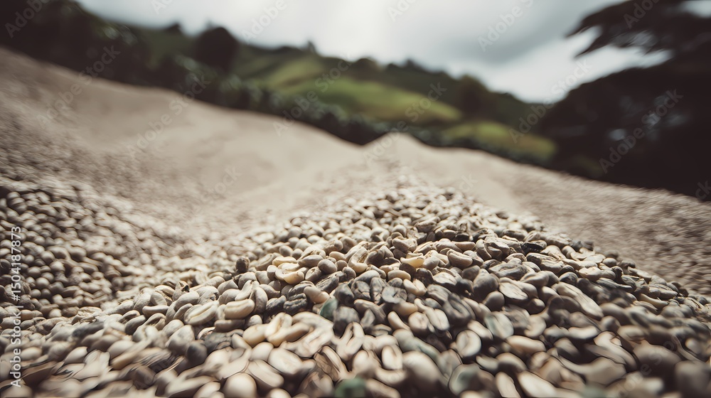 Obraz premium Close-Up View of Dried Coffee Beans on a Farm Landscape Background