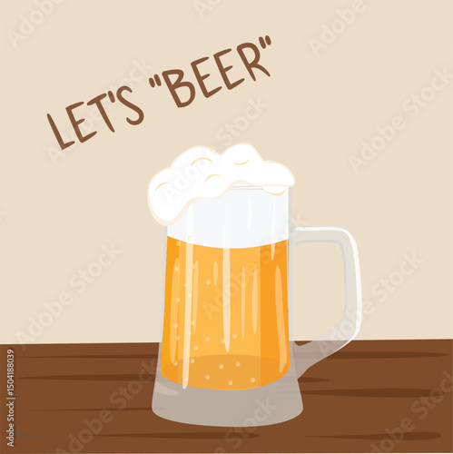 Beer mug vector. Classic German beer mug with foam. Light Beer Glass. Flat vector in cartoon style. Summer element. Frothy beer clipart.