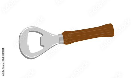 Beer Bottle Opener vector – Tool for opening beer bottles with wooden handle. Flat vector in cartoon style. Kitchenware clipart.