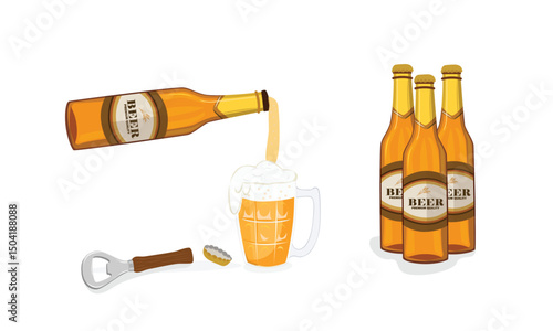 Beer bottle and beer mug vector. Clipart of pouring beer from bottle to mug. Brown amber craft or traditional beer bottle flat vector in cartoon style isolated on table background.