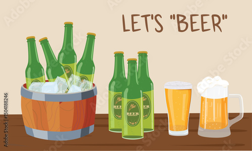 Beer vector set. Chilled green beer bottles in an ice bucket alongside with beer mugs. Flat vector in cartoon style isolated on table background. Summer element.