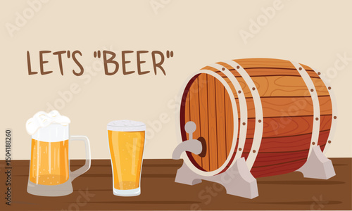 Wooden Beer Barrel – Classic wooden beer cask with tap, Vintage Beer Barrel – Decorative old-style cask.  Beer mug vector set in flat cartoon style isolated on table background.
