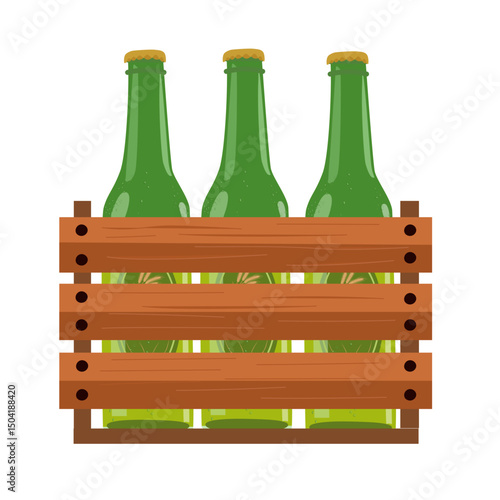 Wooden beer crate vector. Pack of green beer bottles in wooden crate. Flat vector in cartoon style isolated on white background.