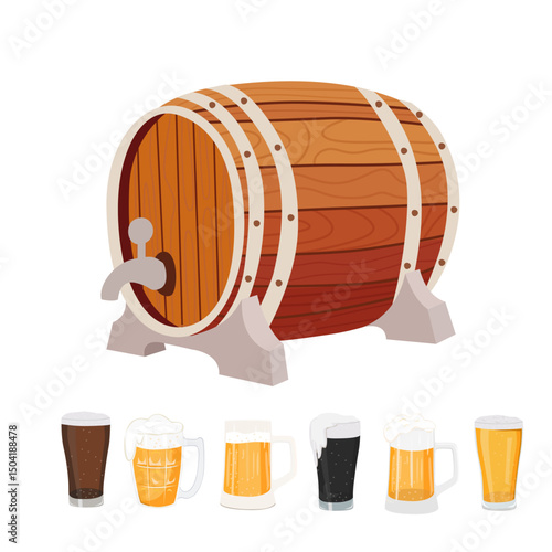 Wooden Beer Barrel – Classic wooden beer cask with tap, Vintage Beer Barrel – Decorative old-style cask.  Beer mug vector set in flat cartoon style isolated on table background.