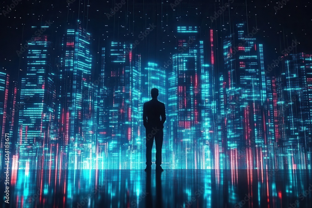 Futuristic View of Digital Cityscape with Silhouette of a Person Futuristic View of Digital Cityscape with Silhouette of a Person