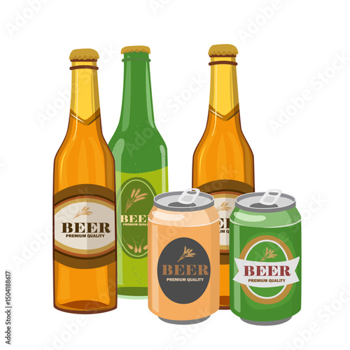 Beer bottle and beer can vector set. Craft or traditional beer clipart. Flat vector in cartoon style isolated on white background.