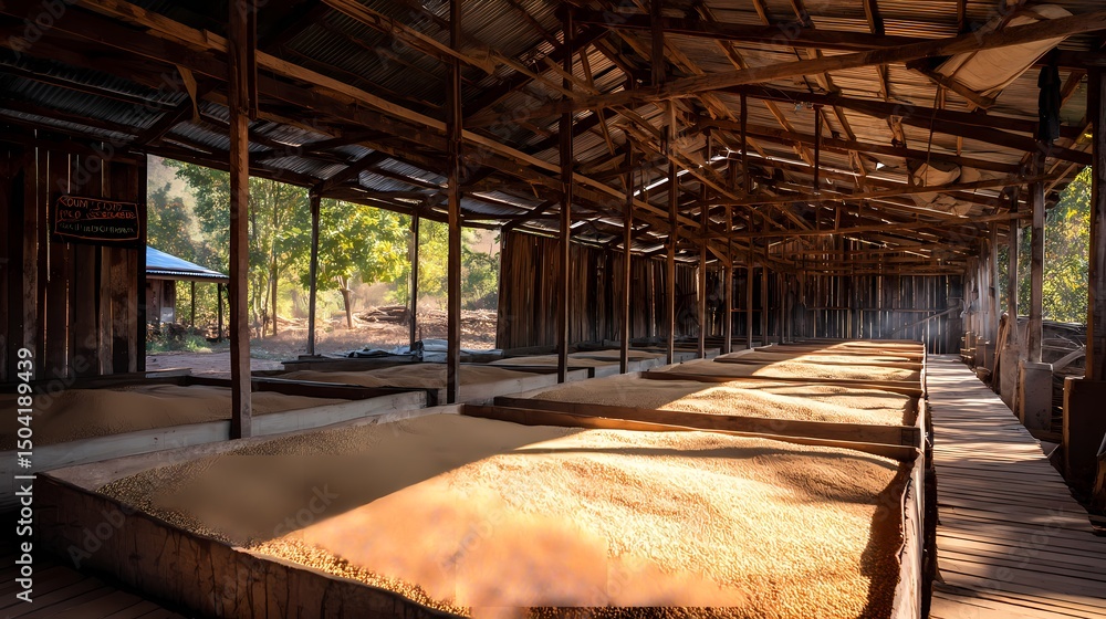 Obraz premium Rustic Wooden Structure with Stored Grains and Natural Lighting