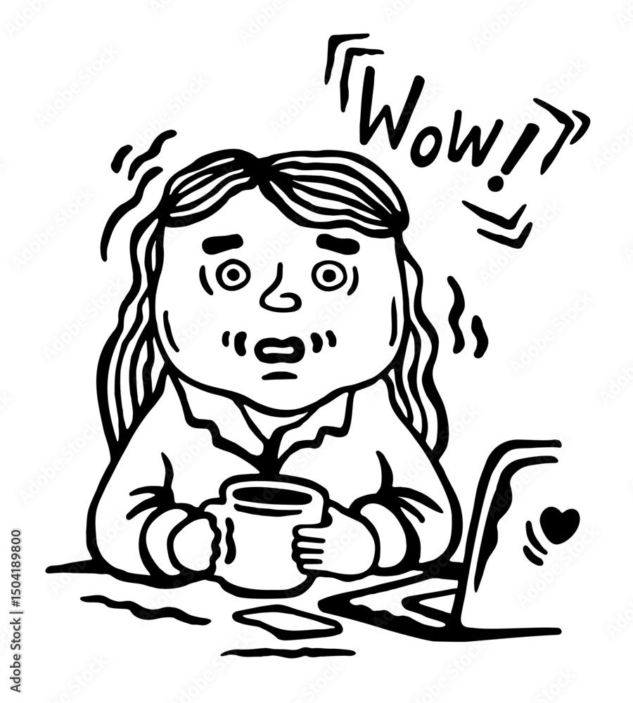 Black and white vector illustration of a surprised girl, with a cup at the workplace in the office, on a white isolated background Black and white vector illustration of a surprised girl, with a cup at the workplace in the office, on a white isolated background