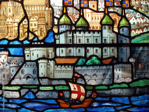 Fotografie Tudor galleon sailing past the Tower of London on a stained glass window at the