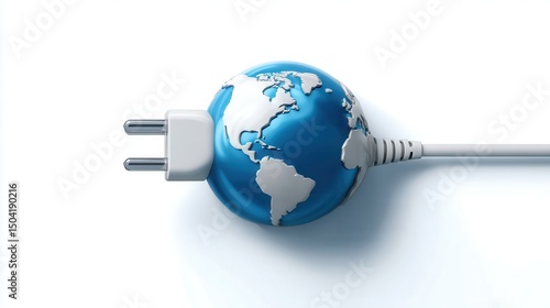 Earth icon with a power cord plugged in, symbolizing digital sustainability and ecofriendly energy concepts on white