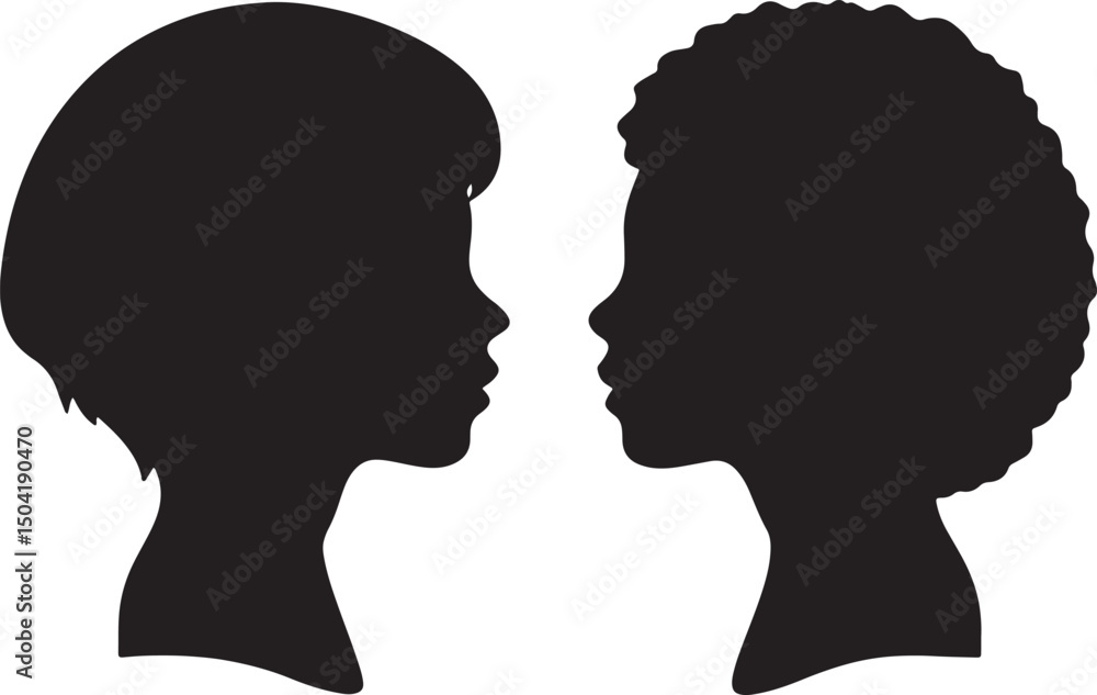 Two Female Silhouettes Facing Each Other: A minimalist graphic design featuring two female silhouettes, one with short hair and one with curly hair, facing each other in profile. Two Female Silhouettes Facing Each Other: A minimalist graphic design featuring two female silhouettes, one with short hair and one with curly hair, facing each other in profile.