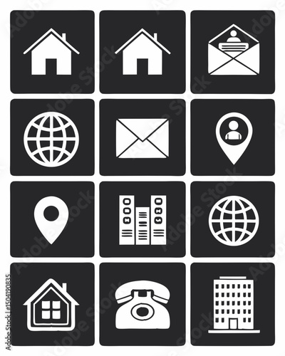 Black and White Contact Icons Set – Home, Email, Location, Web, Phone, Office, Profile, Directory for Apps, Websites, and UI Design