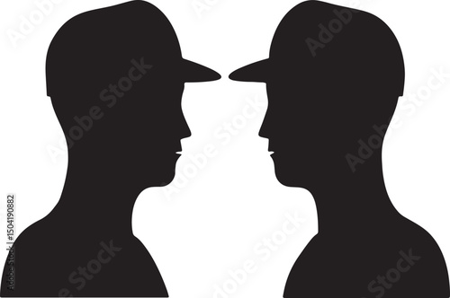 Silhouette Encounter: Two individuals face each other, their profiles framed against a neutral backdrop, as a stark, minimalist artistic piece. 