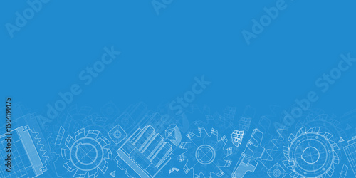 Mechanical engineering drawings on blue background. Cutting tools, milling cutter. Technical Design. Cover. Blueprint. Horizontal seamless pattern. Vector illustration.