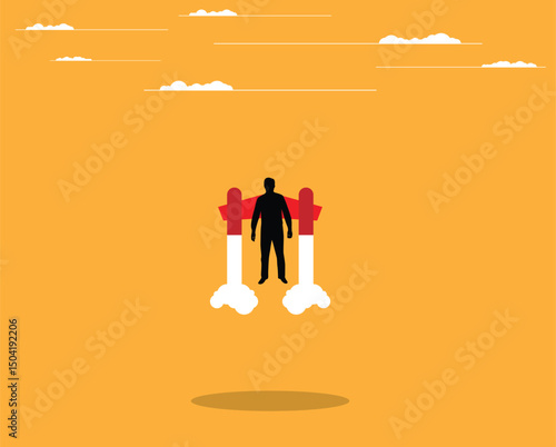 Business Man Flying into the Sky on Start Up Rocket Wings. Starting a project and developing business vector art