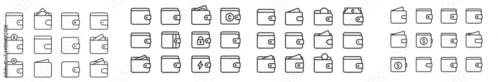 Obraz premium Collection of simple line drawings of various wallet designs in a minimalistic style showcasing different features